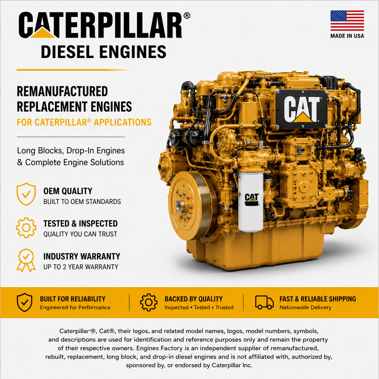 Caterpillar remanufactured rebuilt diesel engines including CAT long block engines, drop-in diesel engines, replacement heavy-duty truck engines, industrial diesel engines, and commercial powertrain solutions by Engines Factory.