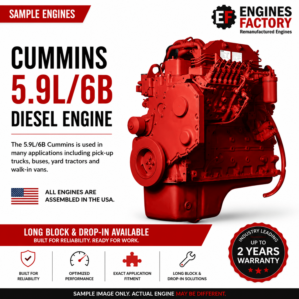 Cummins 5.9L 6B diesel engine long block and complete drop-in engine