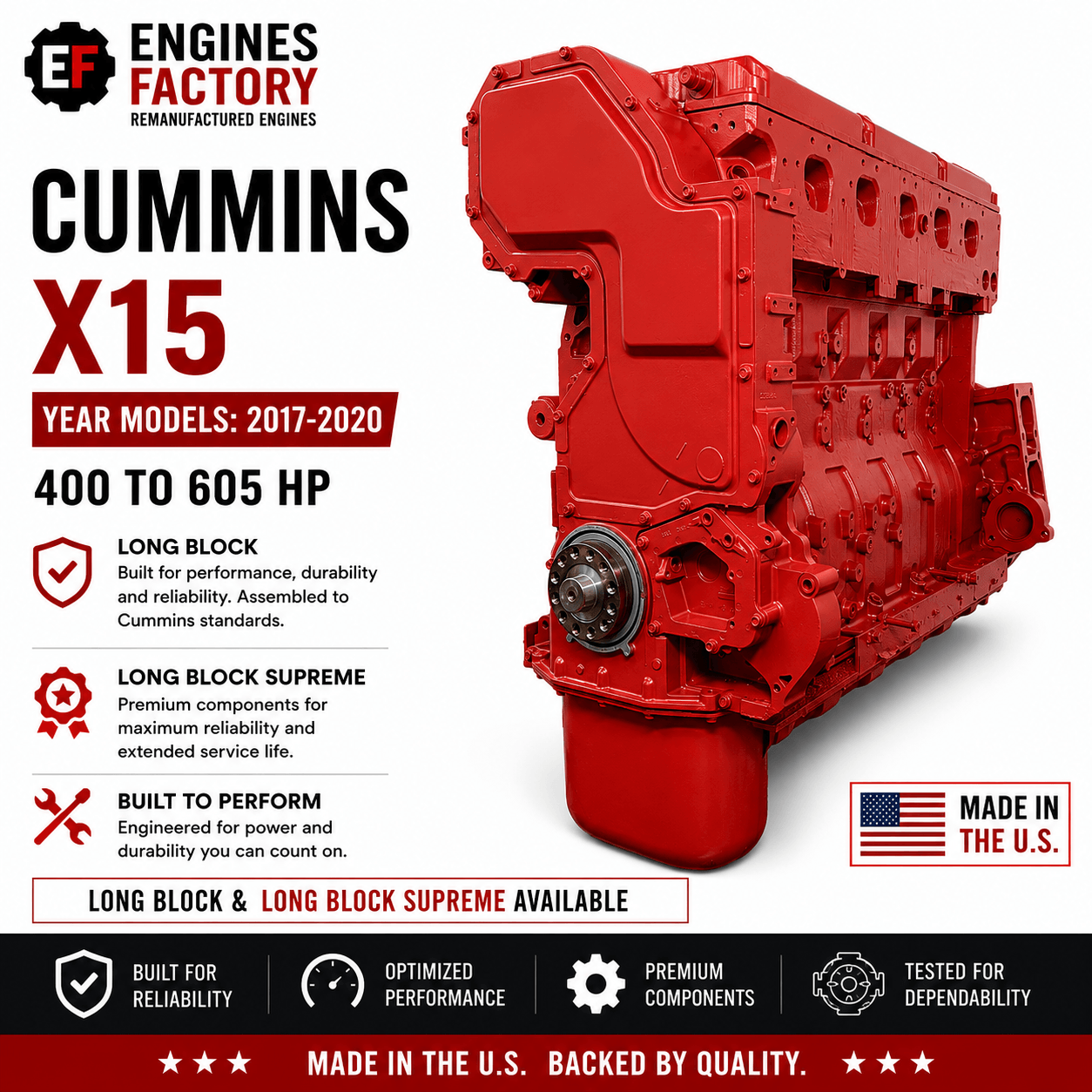 Remanufactured Cummins X15 diesel engine long block for heavy-duty commercial truck applications