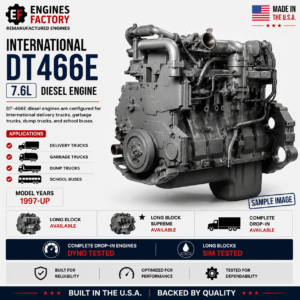Remanufactured and rebuilt International DT466E 7.6L diesel engine for delivery trucks, garbage trucks, dump trucks and school buses