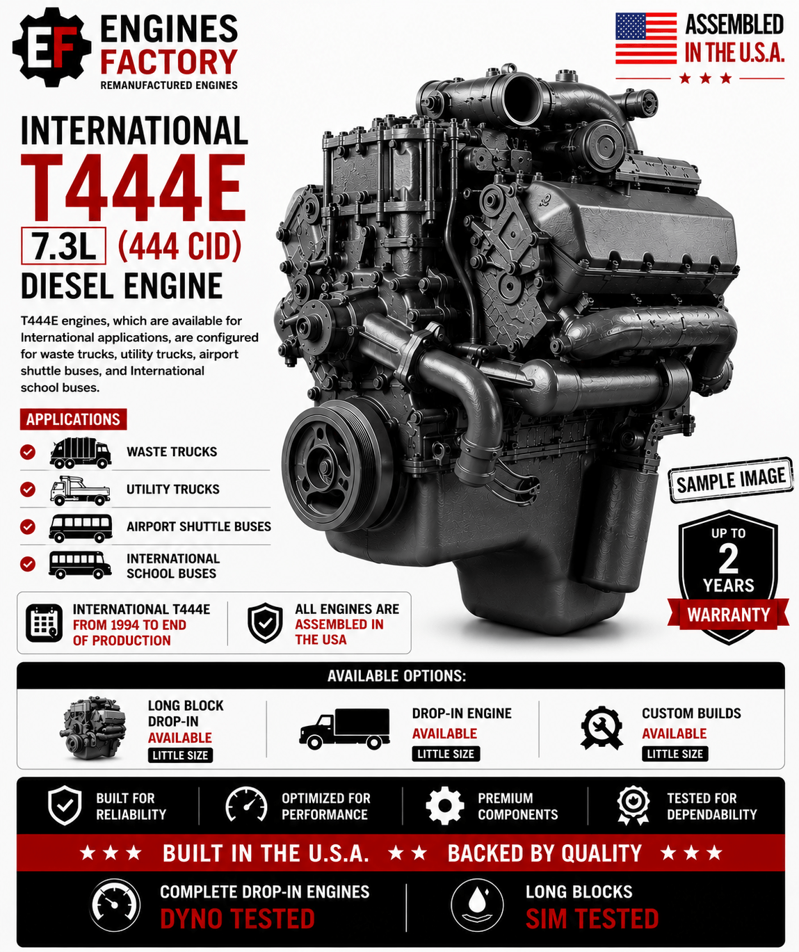 Remanufactured International T444E 7.3L 444 CID diesel engine for waste trucks, utility trucks, shuttle buses and school bus applications