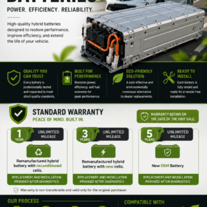 Engines Factory remanufactured and new OEM hybrid batteries with 1-year, 3-year, and 5-year unlimited mileage warranty options.