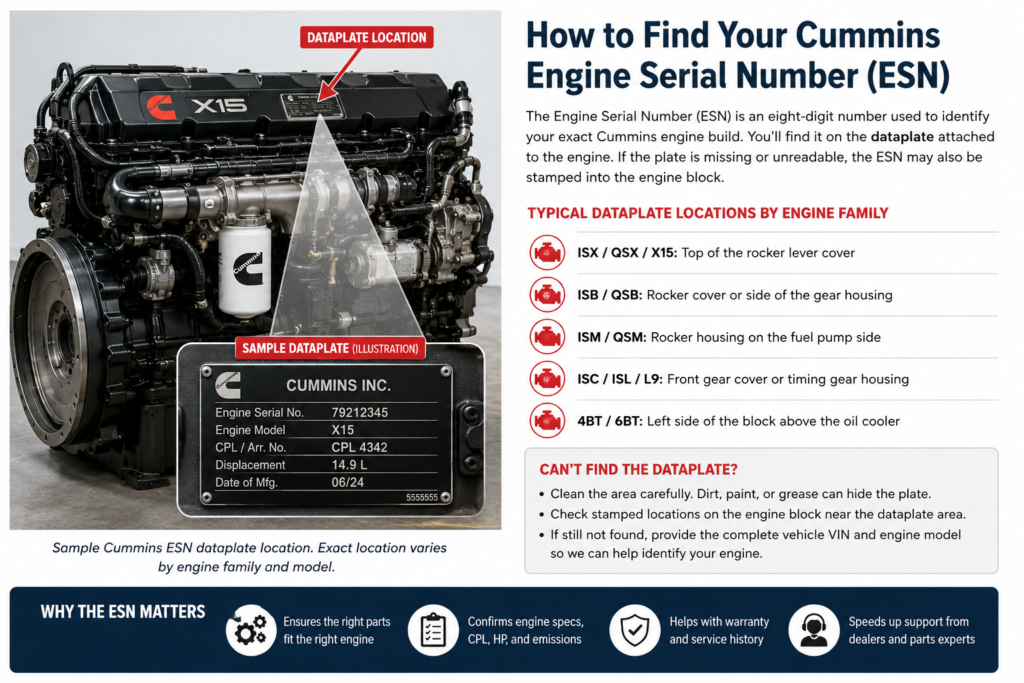 Remanufactured Cummins diesel engines – Engine Serial Number (ESN) data plate location guide