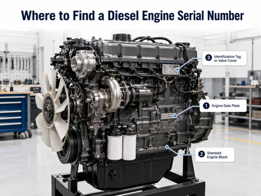 How to find a diesel engine serial number on the engine data plate, stamped engine block, or identification tag