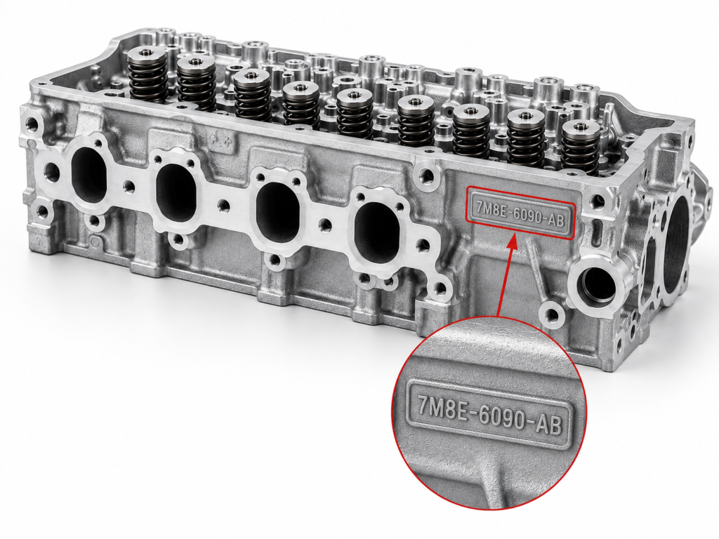 Remanufactured cylinder head with the casting number location highlighted by a red arrow.